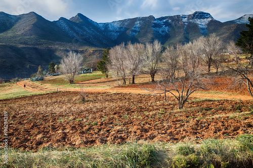  in lesotho  street village near  mountain photo