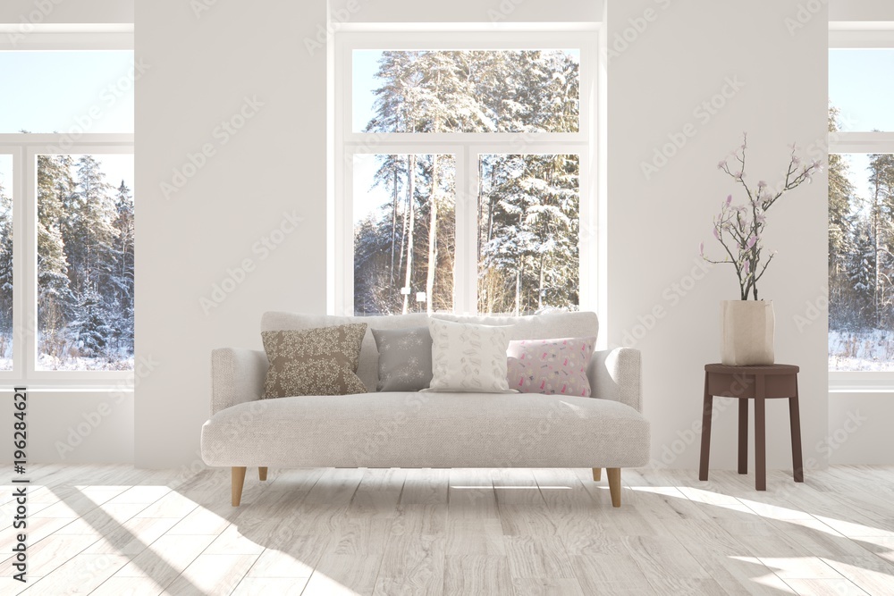 White room with sofa and winter landscape in window. Scandinavian interior design. 3D illustration White room with sofa and winter landscape in window. Scandinavian interior design. 3D illustration