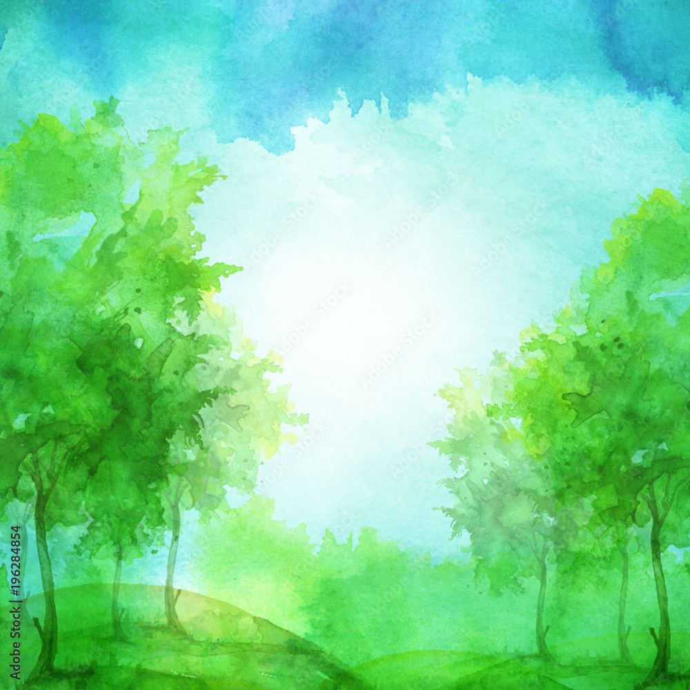 Watercolor banner, logo, postcard. green silhouette of the forest, birch, poplar, maple. Watercolor landscape, blue sky, green splash of paint, abstract spots, beautiful background. Summer Landscape Watercolor banner, logo, postcard. green silhouette of the forest, birch, poplar, maple. Watercolor landscape, blue sky, green splash of paint, abstract spots, beautiful background. Summer Landscape