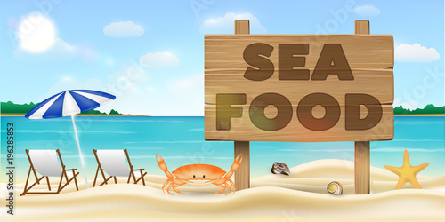 sea food wood board sign on sea sand beach