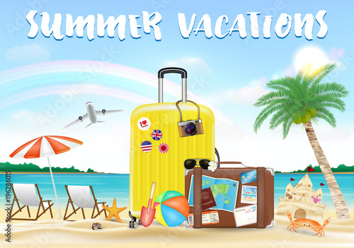 summer vacation with travel bag on sea sand beach