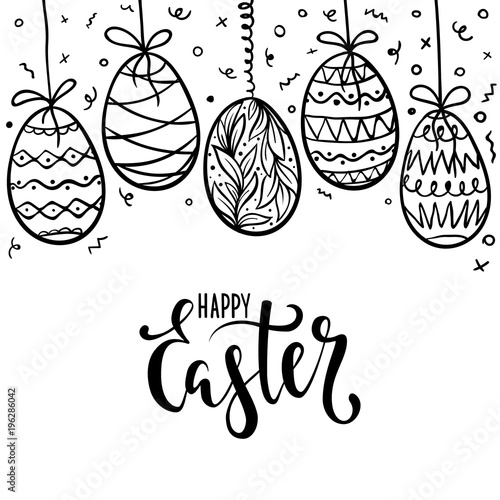 happy Easter Hand drawn calligraphy and brush pen lettering with frame of doodle eggs. design for holiday greeting card, invitation, posters, banners of the happy Easter day.