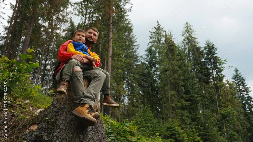 Father pointing something for son while sitting on a tree stump Father pointing something for son while sitting on a tree stump
