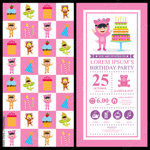 birthday card invitation with kids in animal costume