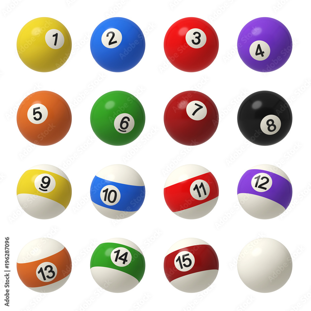 3d rendering of a complete set of billiard balls in front view with different colors and numbers. 3d rendering of a complete set of billiard balls in front view with different colors and numbers.