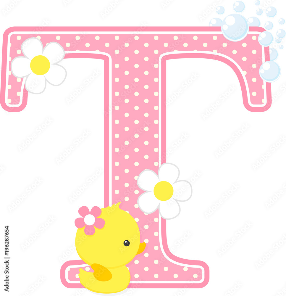 initial t with flowers and cute rubber duck isolated on white. can be used for baby girl birth announcements, nursery decoration, party theme or birthday invitation. Design for baby girl initial t with flowers and cute rubber duck isolated on white. can be used for baby girl birth announcements, nursery decoration, party theme or birthday invitation. Design for baby girl