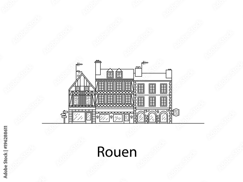 Cities of Normandy, Rouen. European houses. Different sizes and constructions. Old houses of Europe Flat vector in lines