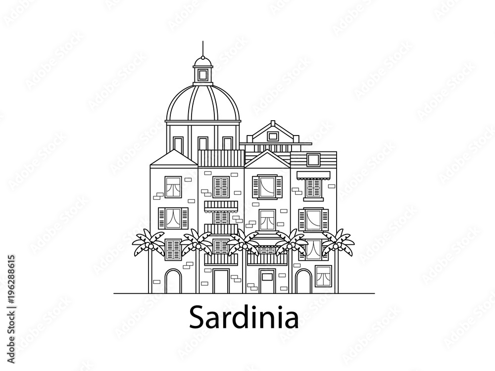The island of Sardinia. European houses. Different sizes and constructions. Old houses of Europe Flat vector in lines