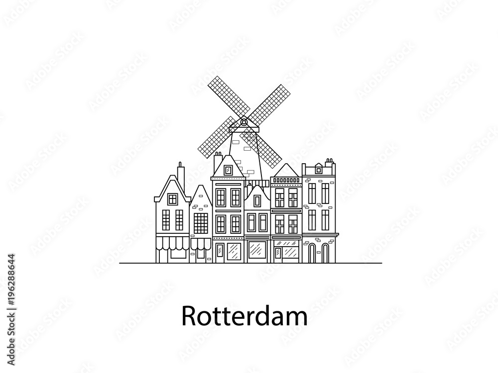 The city of Rotterdam. European houses. Different sizes and constructions. Old houses of Europe Flat vector in lines