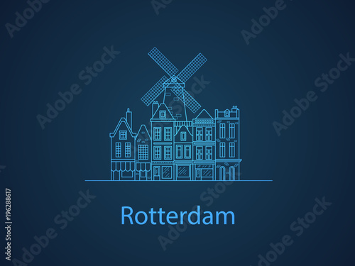 The city of Rotterdam. European houses. Different sizes and constructions. Old houses of Europe Flat vector in lines