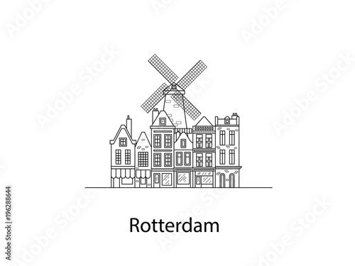 The city of Rotterdam. European houses. Different sizes and constructions. Old houses of Europe Flat vector in lines