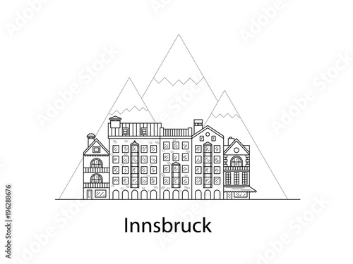 The city of Innsbruck. European houses. Different sizes and constructions. Old houses of Europe Flat vector in lines