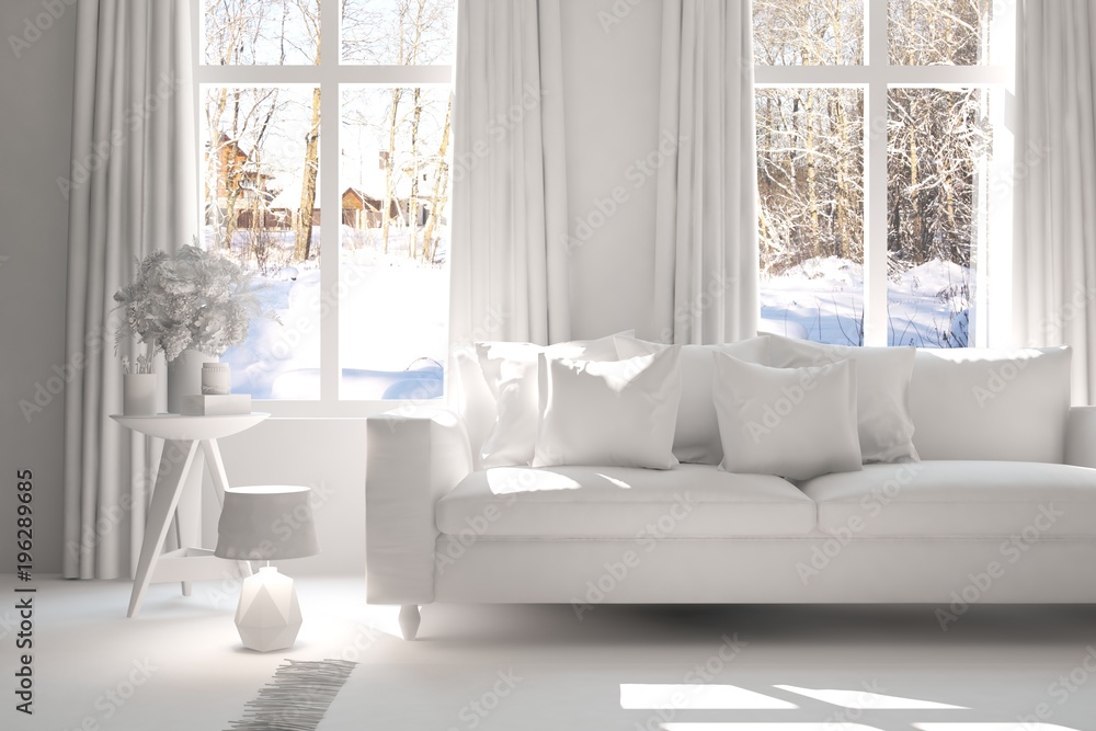 White room with sofa and winter landscape in window. Scandinavian interior design. 3D illustration White room with sofa and winter landscape in window. Scandinavian interior design. 3D illustration