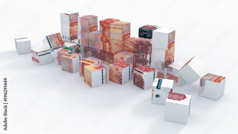 5000 rubles banknote from many BOX pieces, 3D rendering 