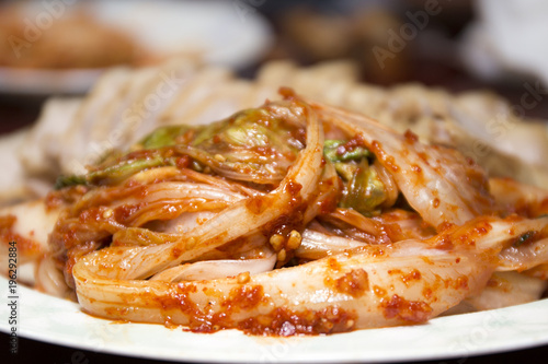 Bossam  boiled pork eaten with Kimchi