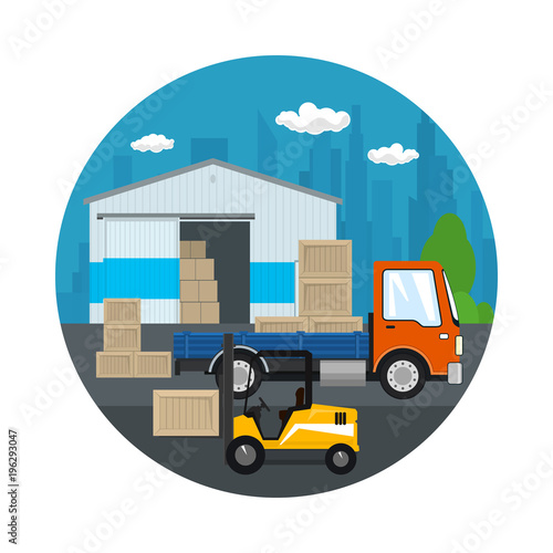 Icon Warehouse and Transport Services ,Forklift Truck and Small Truck with Boxes on the Background of the City , Unloading or Loading of Goods , Vector Illustration © serz72