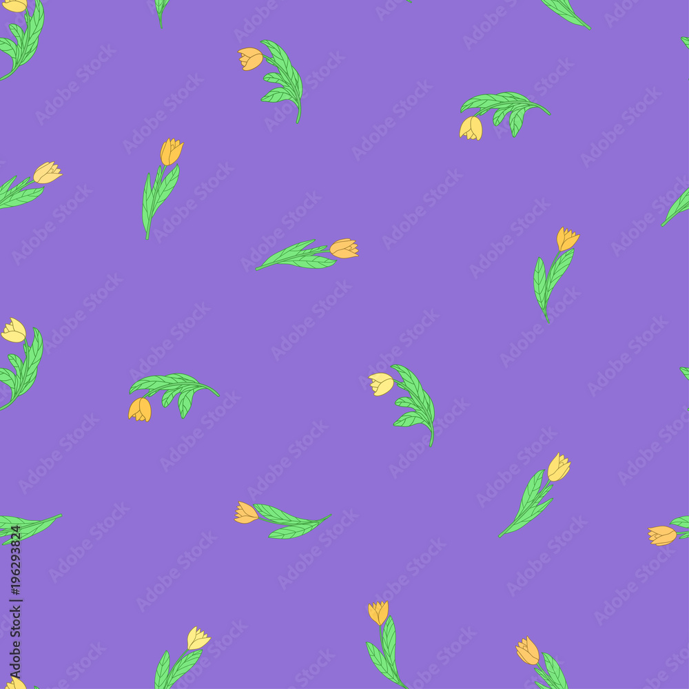 Seamless pattern with small cute cartoon yellow flowers, tulips on violet background. Seamless pattern with small cute cartoon yellow flowers, tulips on violet background.