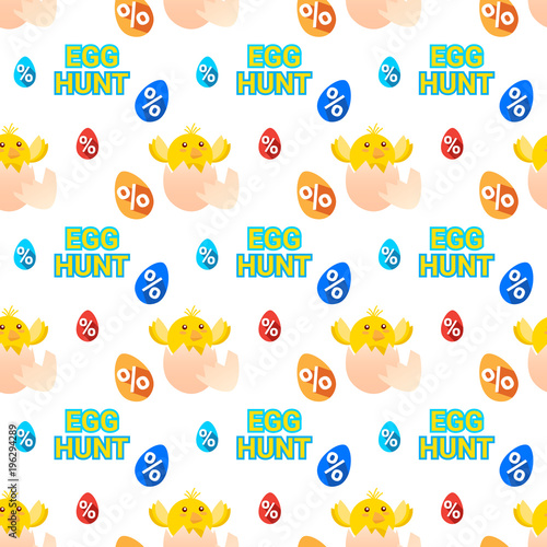 Easter Sale Cute Seamless Pattern Ornament With Chicken In Colorful Eggs On White Background Vector Illustration