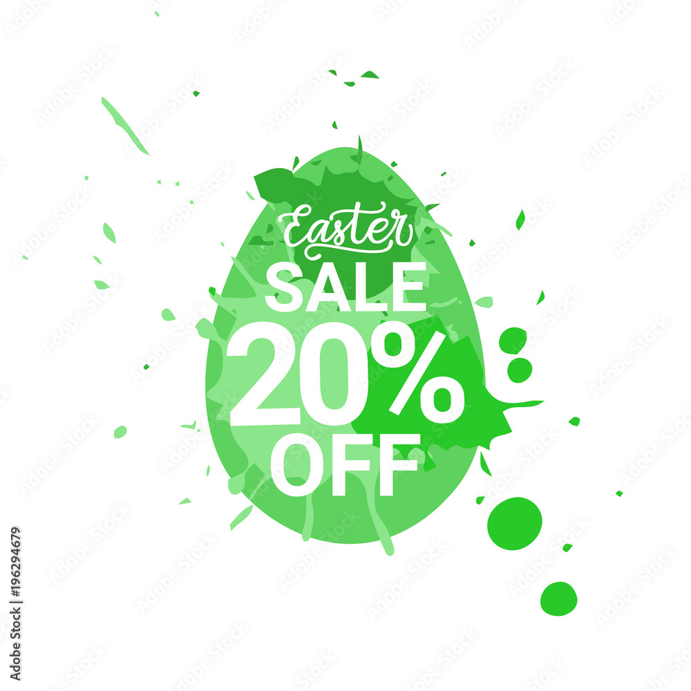 Naklejka premium Easter Sale Logo Egg With Green Paint Splash Background Spring Discounts Sticker Vector Illustration
