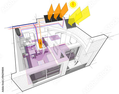diagram of  apartment with floor heating and central heating pipes as source of heating energy energy with additional solar water heating panels and photovoltaic panels on the roof 