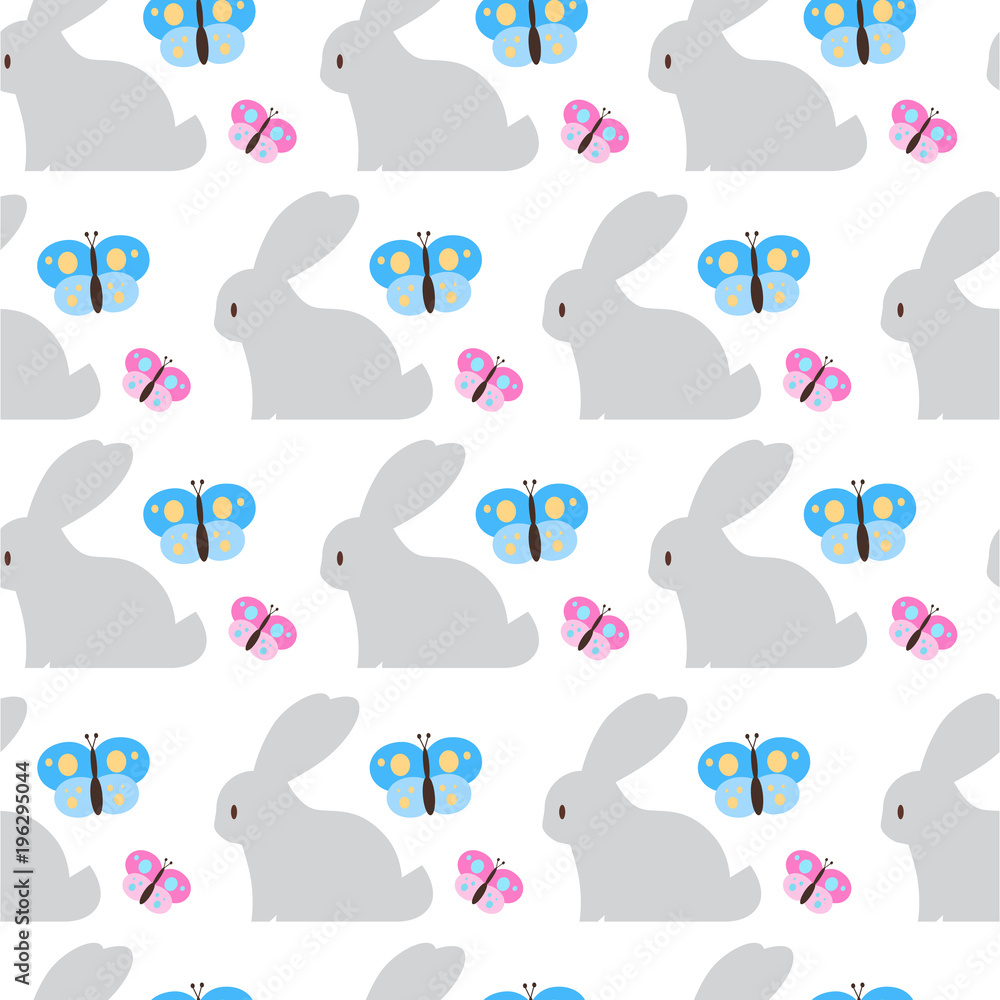 Easter Seamless Pattern With Bunny And Butterfly Ornament On White Background Vector Illustration