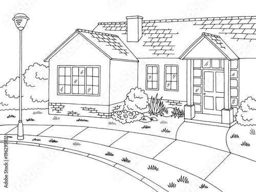 Street road graphic house black white landscape sketch illustration vector
