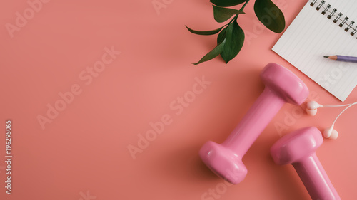 Styled stock photography of fitness equipment dumbbells notepad pencil and earphone on pink background. Flat lay.