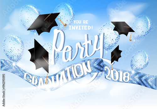 Graduation 2018 banner with sky. hats and air balloons. Vector illustration