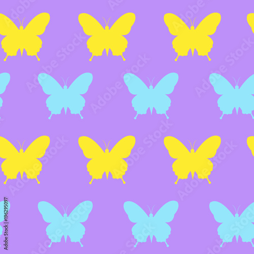 Cute Spring Seamless Pattern With Colorful Butterflies Ornament On Purple Background Vector Illustration © mast3r