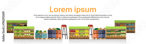 Modern Super Market Shelves Isolated Retail Store, Supermarket With Assortment Of Grocery Food Flat Vector Illustration