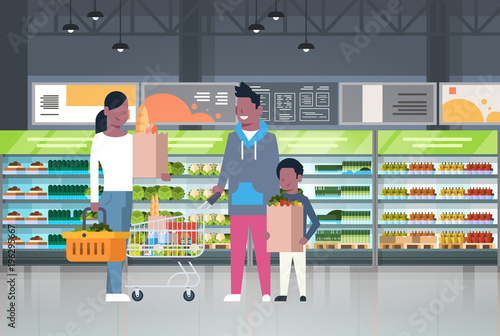 African American Family Shopping At Supermarket And Buying Products Over Shelves At Grocery Consumerism Concept Flat Vector Illustration