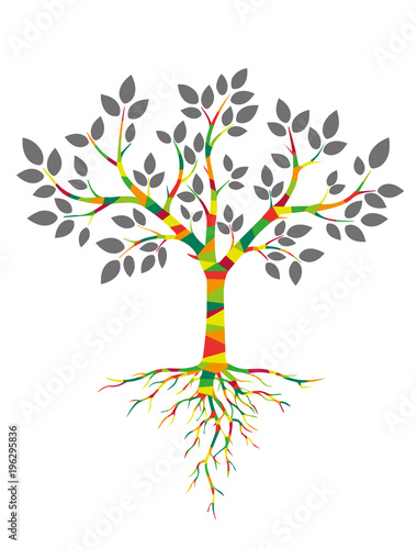 Bunter Baum mit Wurzeln und Blättern