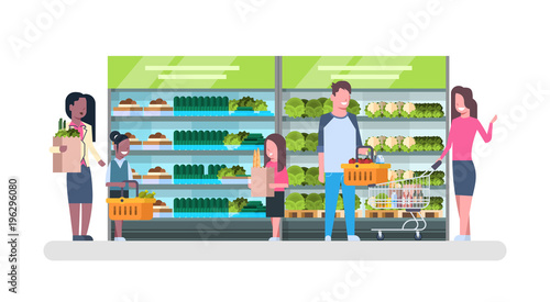 People Shopping At Supermarket And Buying Products, Shelves At Grocery Consumerism Concept Flat Vector Illustration