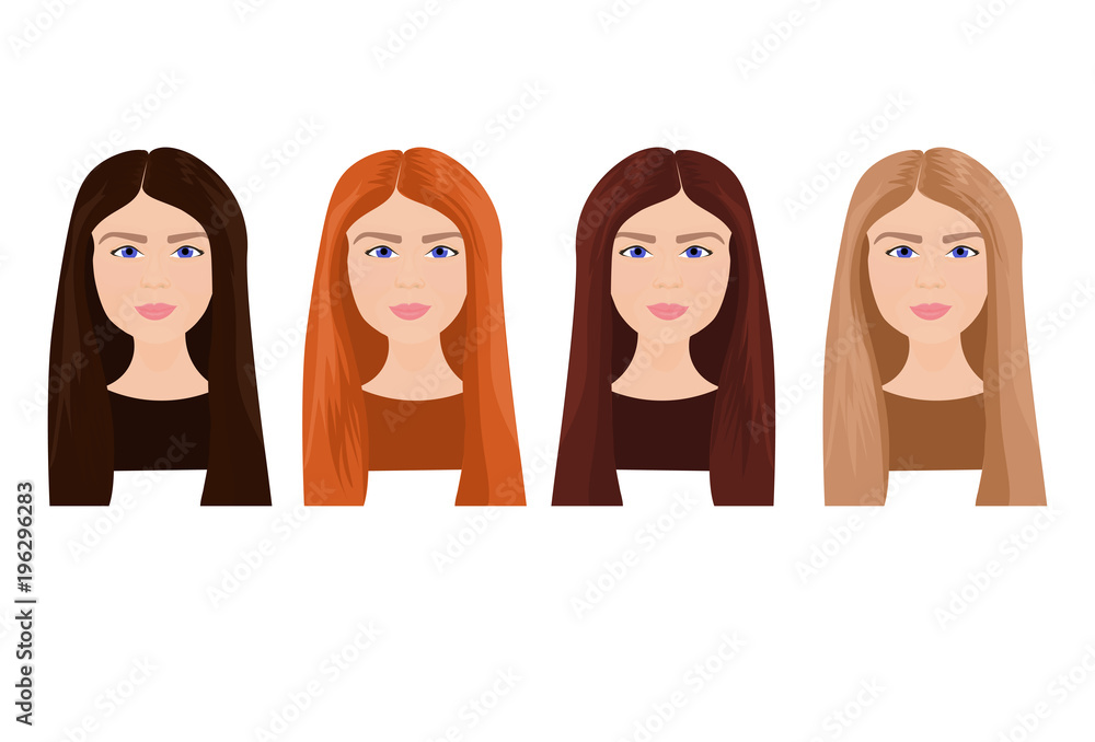 Set Of Beautiful Young Woman Faces With Long Hair In Different Colors Isolated On White Background Vector Illustration Set Of Beautiful Young Woman Faces With Long Hair In Different Colors Isolated On White Background Vector Illustration