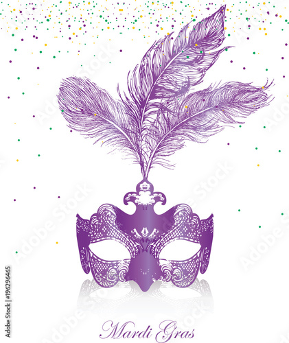 Mardi Gras card. Bright carnival mask with feathers. Vector Illustration.