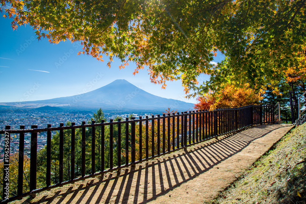 fuji in autumn in the most beautiful view in Japan between temple, mountain , and Autumn leaf color by Fall Foliage