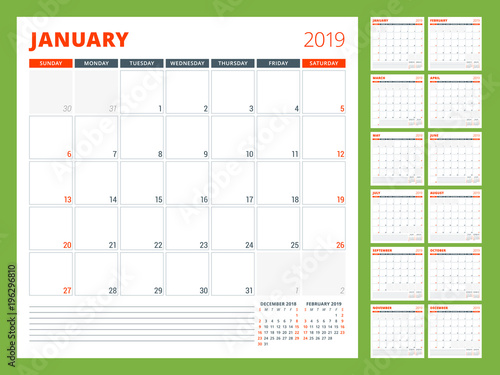 Calendar planner template for 2019 year. Week starts on Sunday. Vector illustration