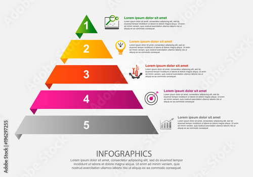 Modern vector illustration 3d. Infographic template of the pyramid with five elements, rectangles. Contains icons and text. Designed for business, presentations, web design, diagrams with 5 steps