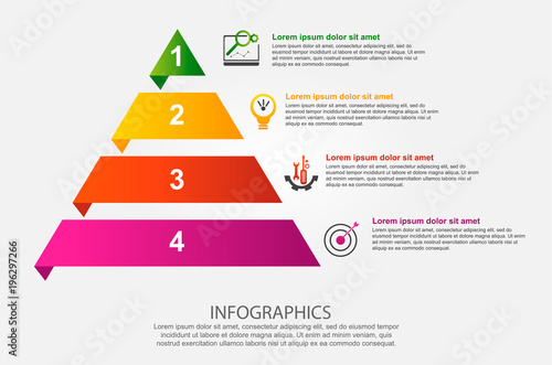 Modern vector illustration 3d. Infographic template of the pyramid with four elements, rectangles. Contains icons and text. Designed for business, presentations, web design, diagrams with 4 steps