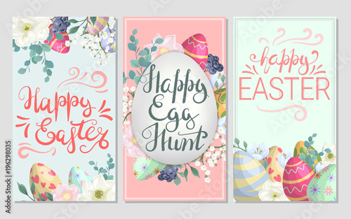 Happy Easter, Happy egg hunt. Set of greeting cards with colored eggs and spring flowers