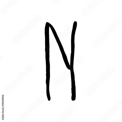 Letter N. Handwritten by dry brush. Rough strokes textured font. Vector illustration. Grunge style elegant alphabet.
