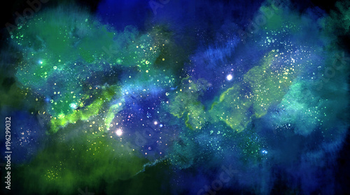 Space, digitally drawn with watercolor effect