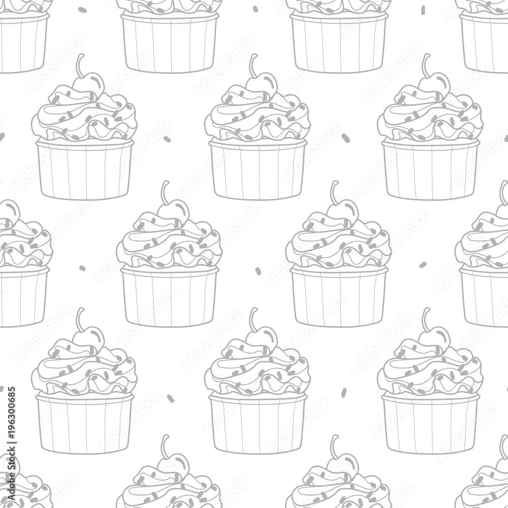 Cupcakes and dots random on white background.