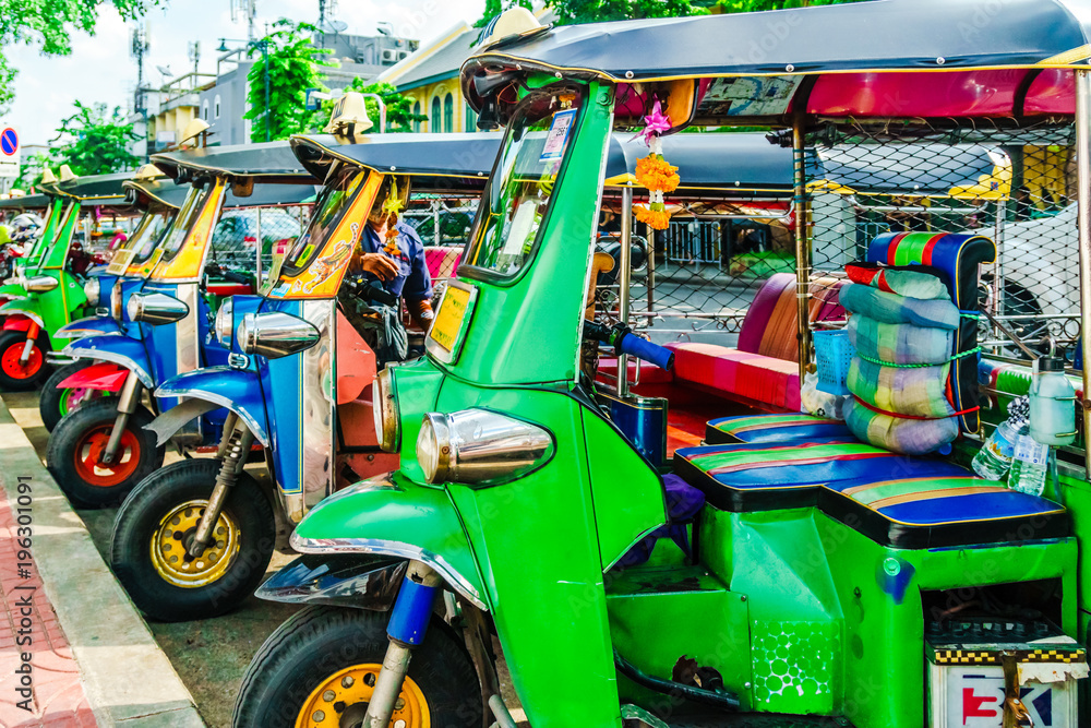 View on line of Tuktuk in the city center of bankok in Thailand