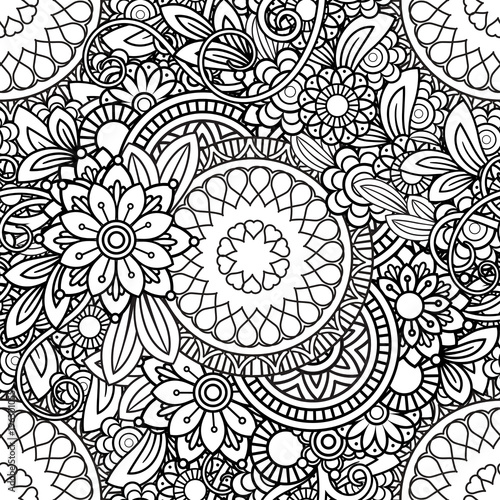 Hand drawn seamless pattern with leaves and flowers. Doodles floral ornament. Black and white decorative elements. Perfect for wallpaper  adult coloring books  web page background  surface textures.