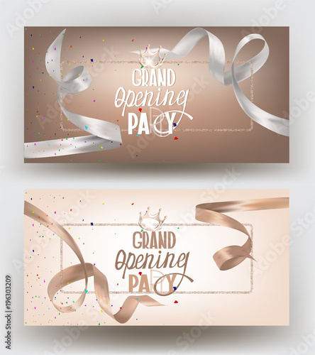 Grand opening banners with beige and white curly silk ribbons. Vector illustration