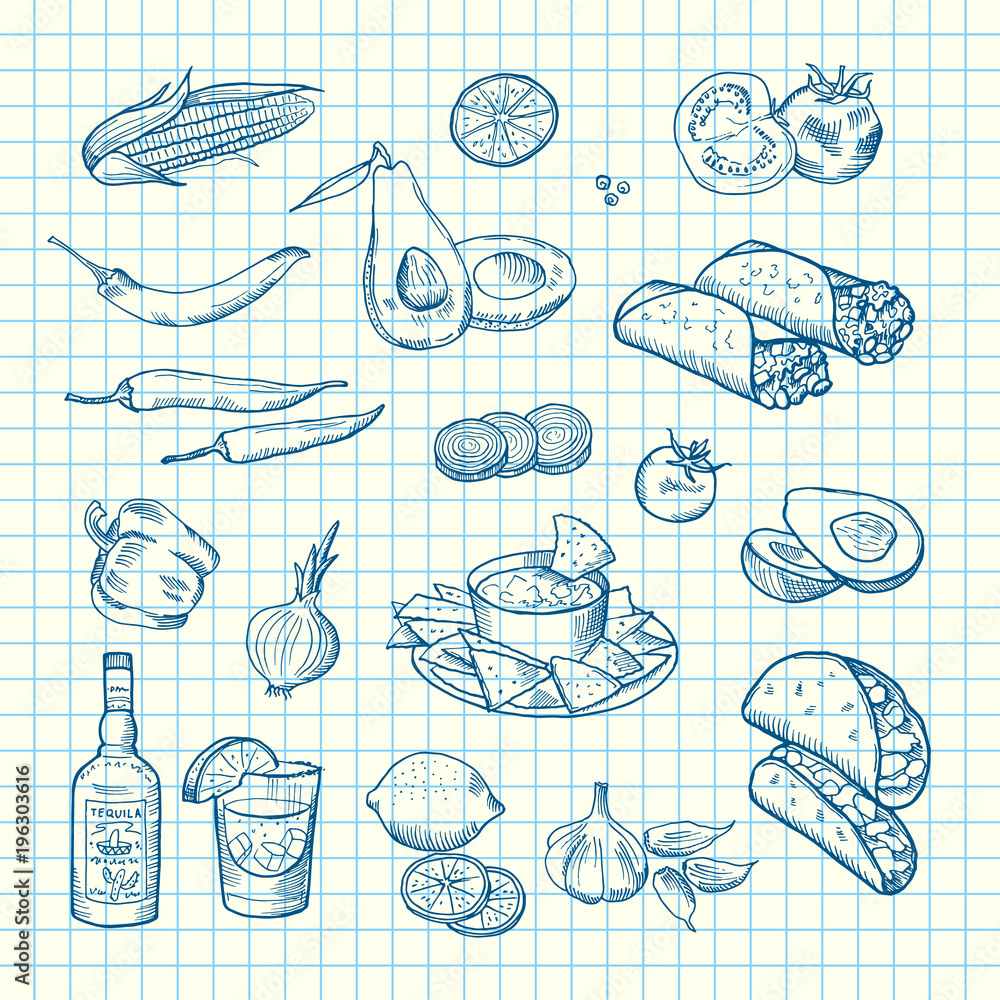 Vector sketched mexican food elements set background Vector sketched mexican food elements set background