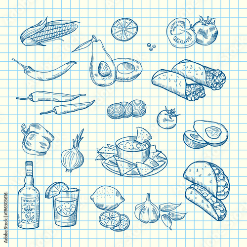 Vector sketched mexican food elements set background