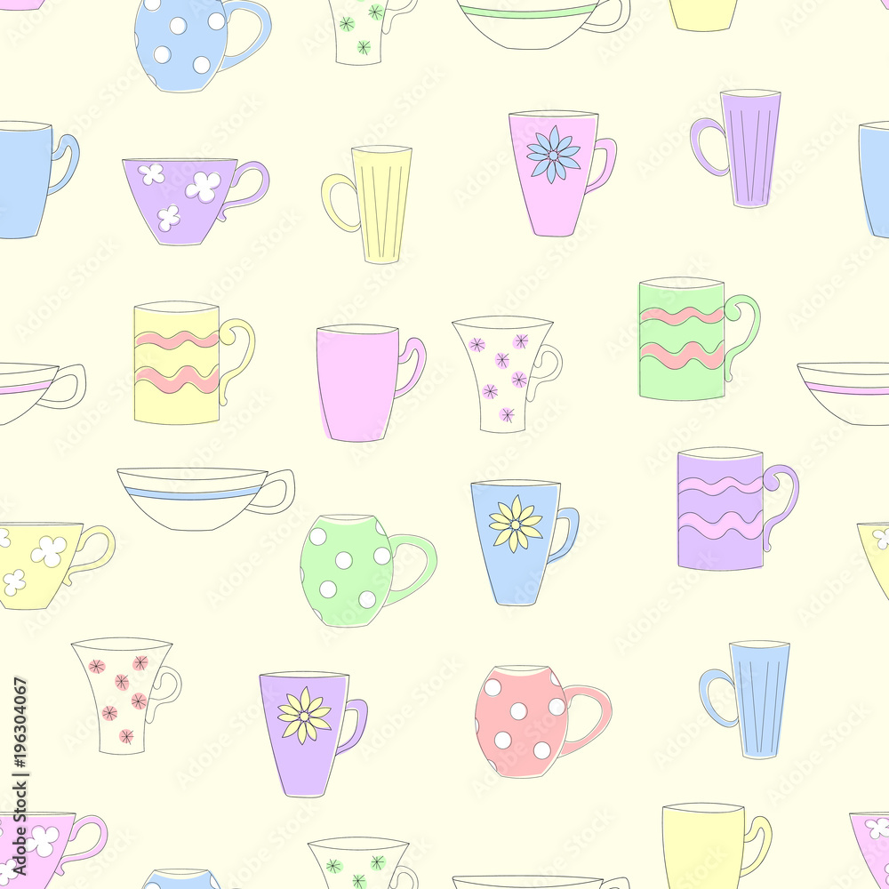  Seamless pattern with cups and mugs. Colored mugs of different shapes on a yellow background. Vector illustration.