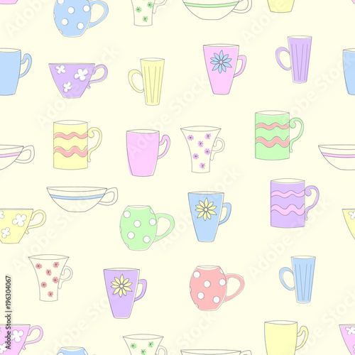  Seamless pattern with cups and mugs. Colored mugs of different shapes on a yellow background. Vector illustration.